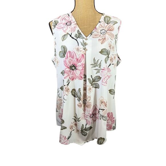 Emory Rose Pleated Tank Top Size XL Sleeveless Blouse Floral  Asymmetrical Light - Picture 7 of 14